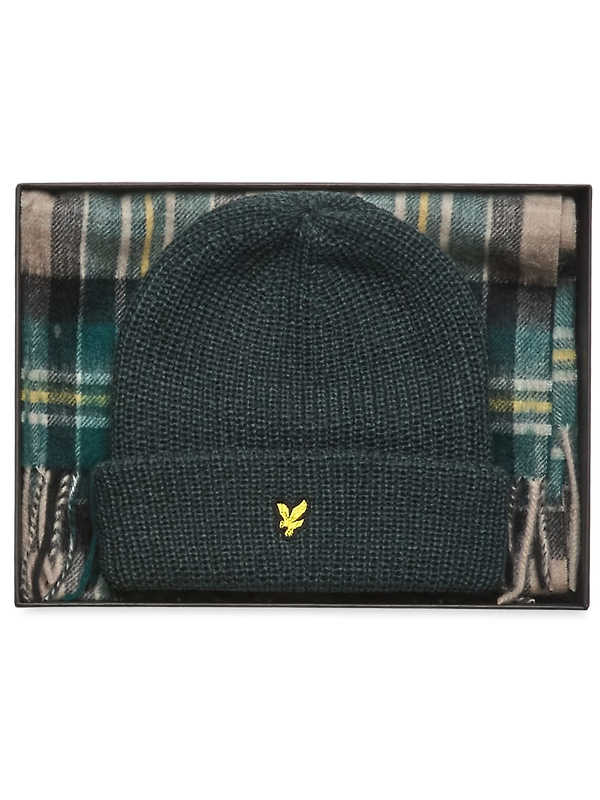 Lyle & Scott Men's Lambswool Blend Checked Scarf & Beanie Gift Set