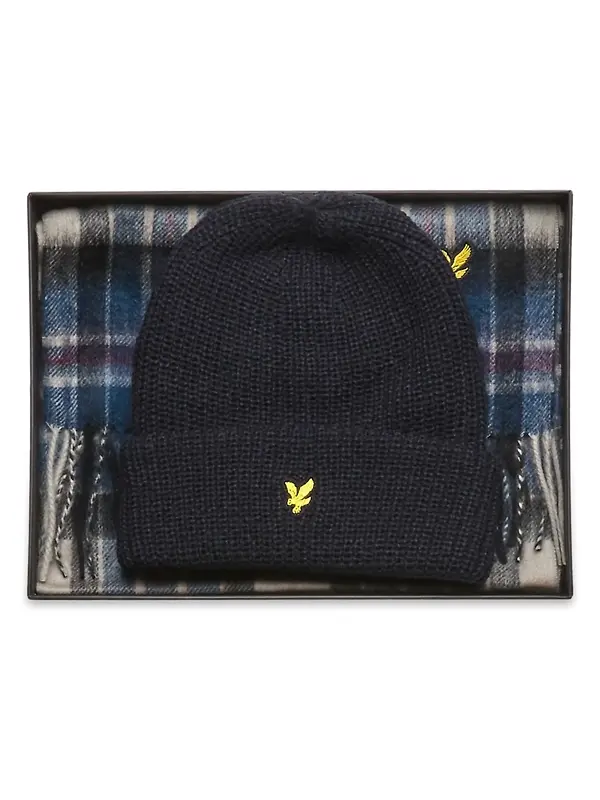 Lyle & Scott Men's Lambswool Blend Checked Scarf & Beanie Gift Set - Dark Navy Image 1