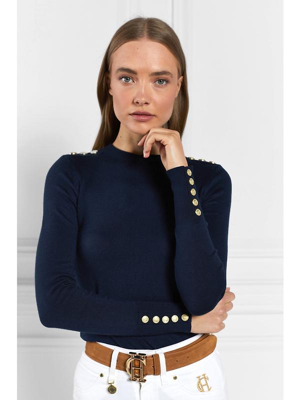 Holland Cooper Women's Buttoned Knit Crew Neck - Ink Navy Image 3