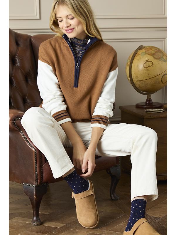 Joules Women's Varsity Colourblock Quarter Zip Jumper - Tan Brown Image 6