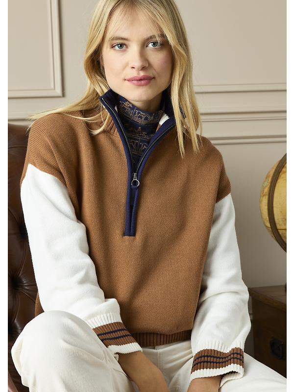 Joules Women's Varsity Colourblock Quarter Zip Jumper - Tan Brown Image 7