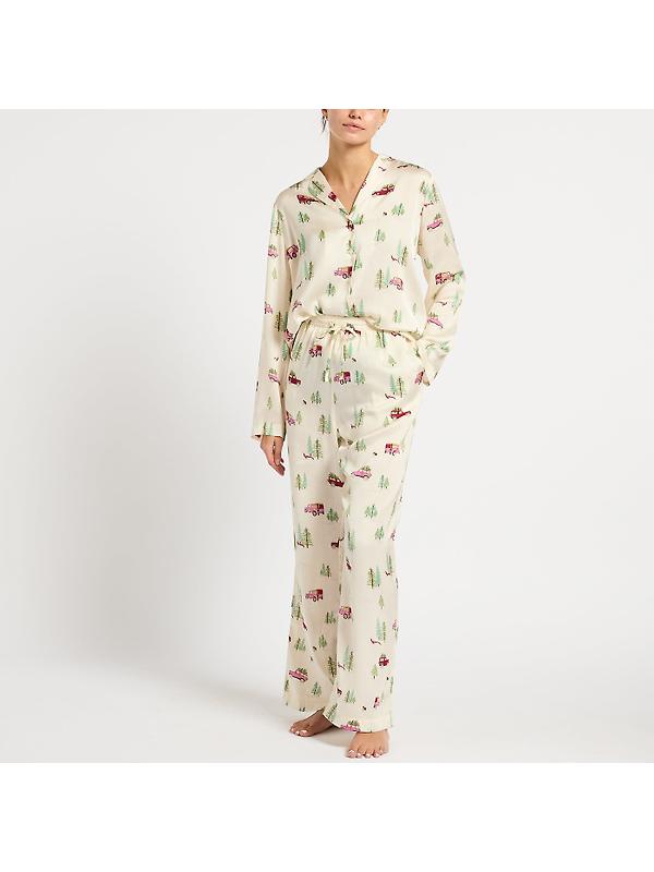 Joules Women's Bonnie Satin Pyjama Set - Cream/Land Rover Image 2