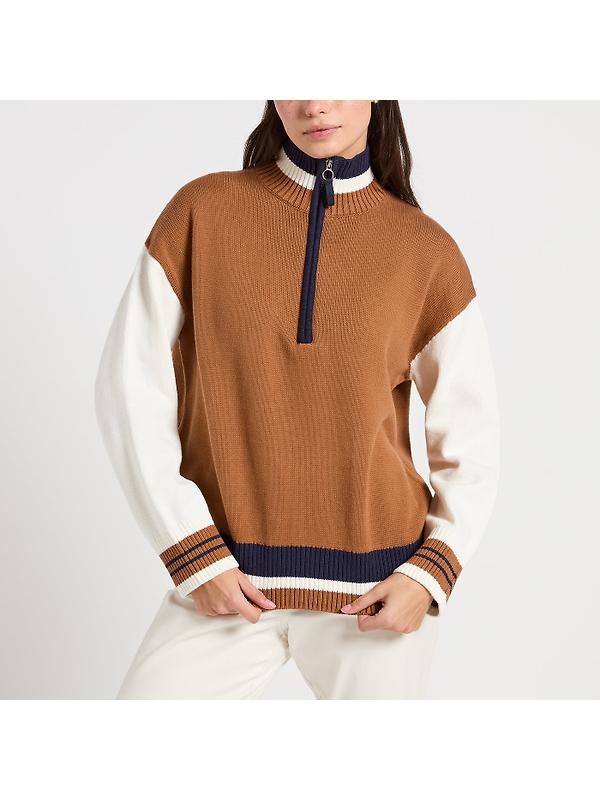 Joules Women's Varsity Colourblock Quarter Zip Jumper - Tan Brown Image 2