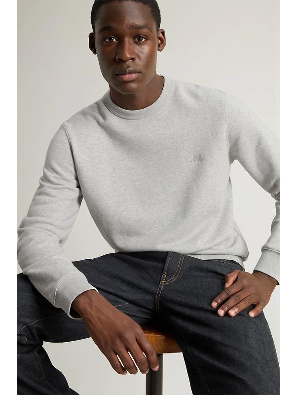 Woolrich Men's Logo Script Cotton Fleece Crewneck - Light Grey Melange Image 5