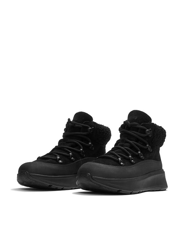 FitFlop Women's F-MODE Teddy-Collar Warm Suede Lace-Up Booties - All Black Image 5