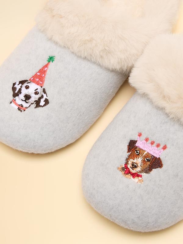 Joules Women's Slippet Luxe Embroidered Slippers - Grey Party Dogs Image 2