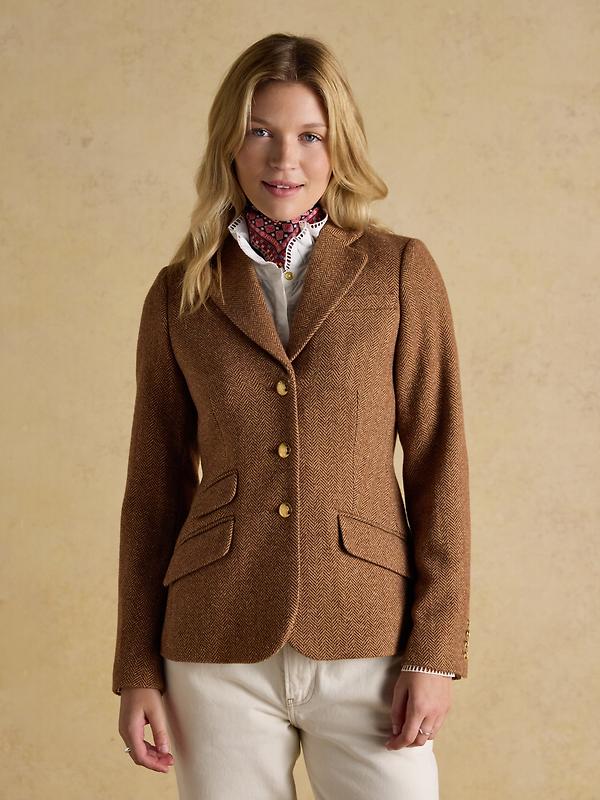 Joules Women's Canterly Formal Tweed Suit Blazer - Brown Herringbone Image 5