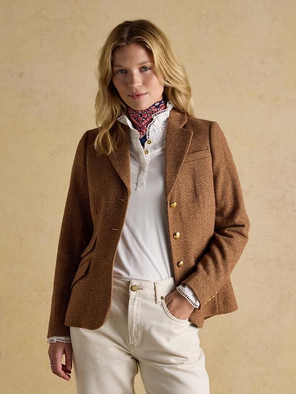 Joules Women's Canterly Formal Tweed Suit Blazer - Brown Herringbone Image 11