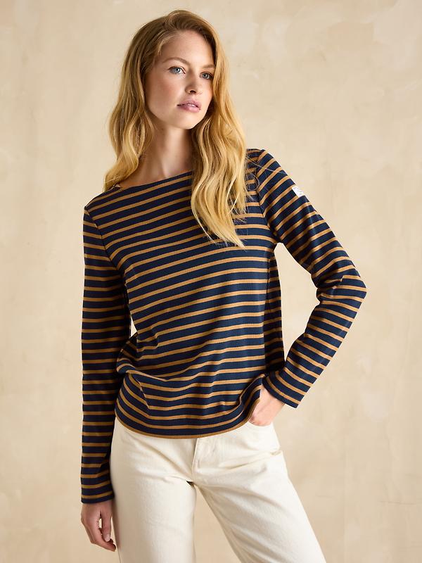 Joules Women's Harbour Boat Neck Long Sleeve Breton Stripe Top - Navy & Tan Image 2