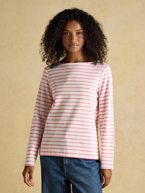 Joules Women's Harbour Boat Neck 100% Cotton Long Sleeve Breton Top - Cream/Pink Image 2