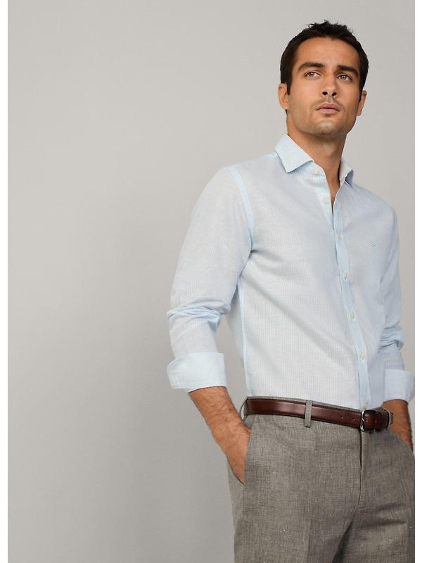 Hackett Men's Tailored Fit Linen Bengal Striped Shirt - Sky Blue Image 3