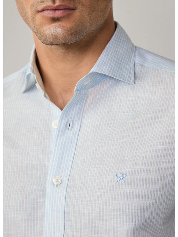 Hackett Men's Tailored Fit Linen Bengal Striped Shirt - Sky Blue Image 5