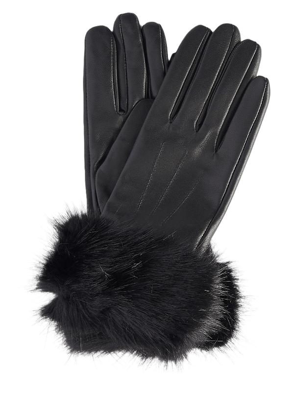 Barbour Women's Fur Trimmed Leather Gloves - Black Image 1