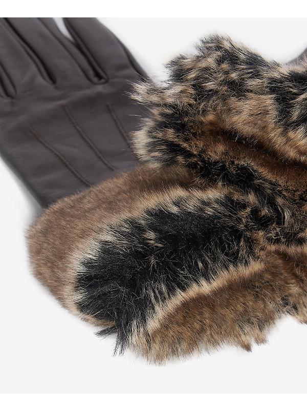 Barbour Women's Fur Trimmed Leather Gloves - Dark Brown Image 2