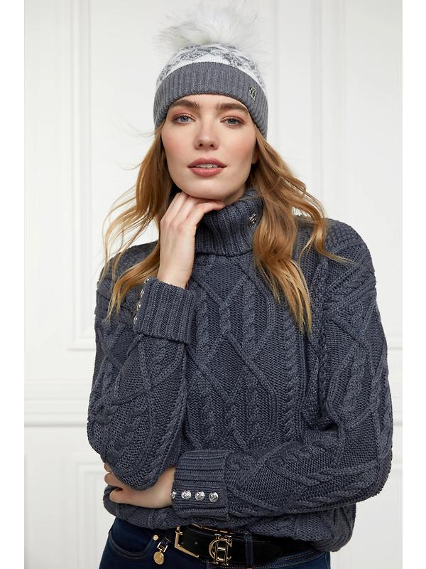 Holland Cooper Beatrice Beanie Bobble Hat -  Grey Marl Cream Image 3