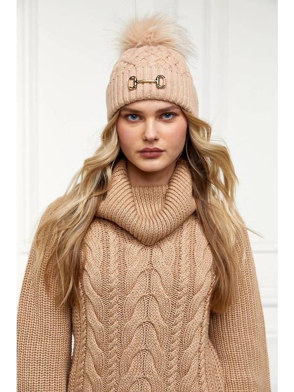Holland Cooper Horsebit Beanie Bobble Hat - Camel Image 3