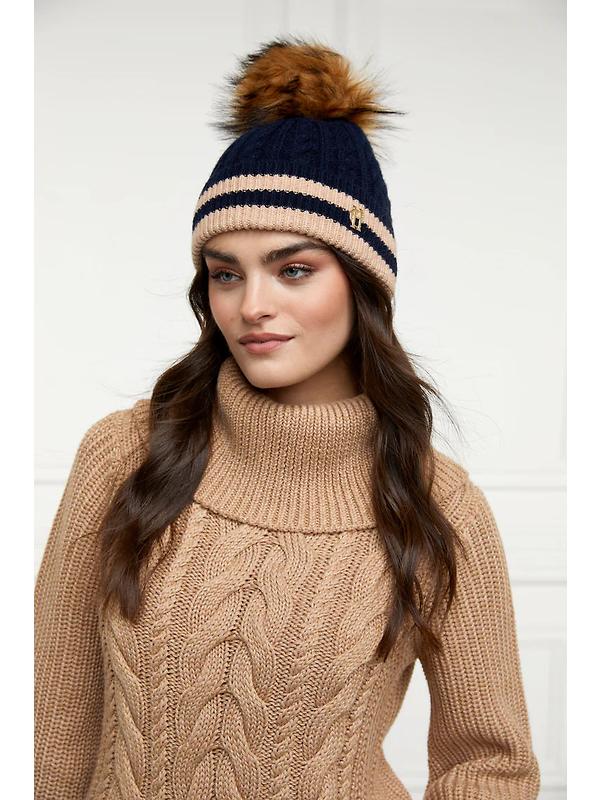 Holland Cooper Zoe Beanie Bobble Hat - Ink Navy Stripe Image 3