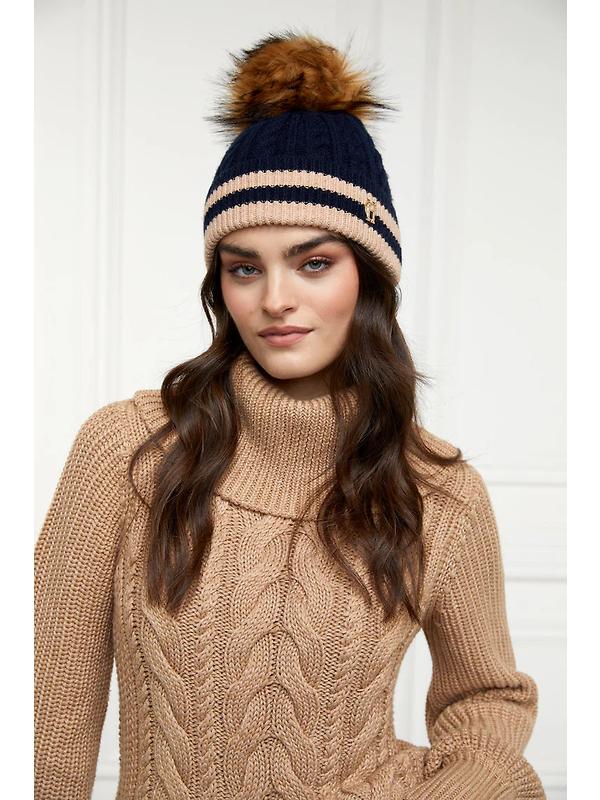 Holland Cooper Zoe Beanie Bobble Hat - Ink Navy Stripe Image 4