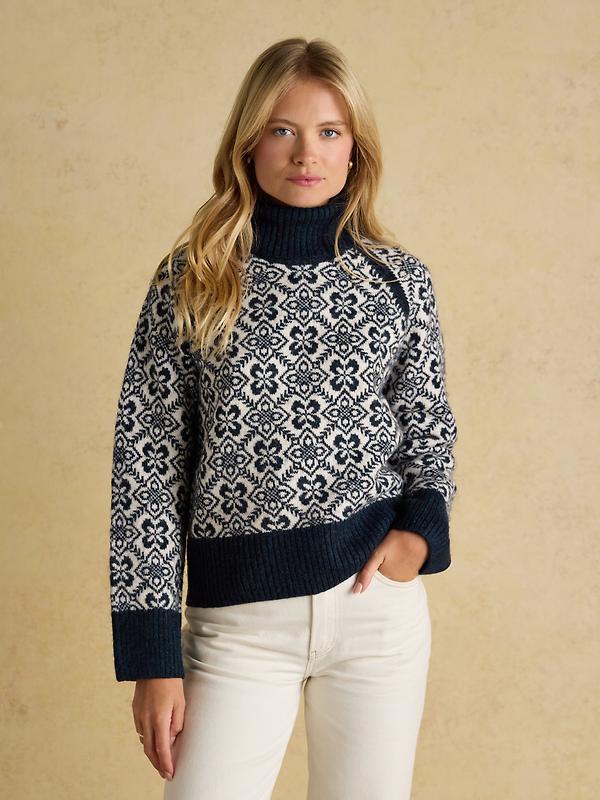 Joules Women's Addison Patterned Knitted Jumper with Detachable Roll Neck - Cream/Navy Image 2