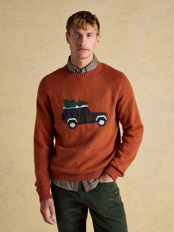 Joules Men's Off-Road Crew Neck Christmas Jumper - Orange Image 2