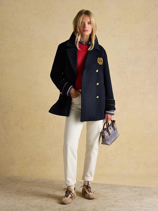 Joules Women's Belchamp Wool Blend Peacoat with Beaded Badge - Navy Image 4