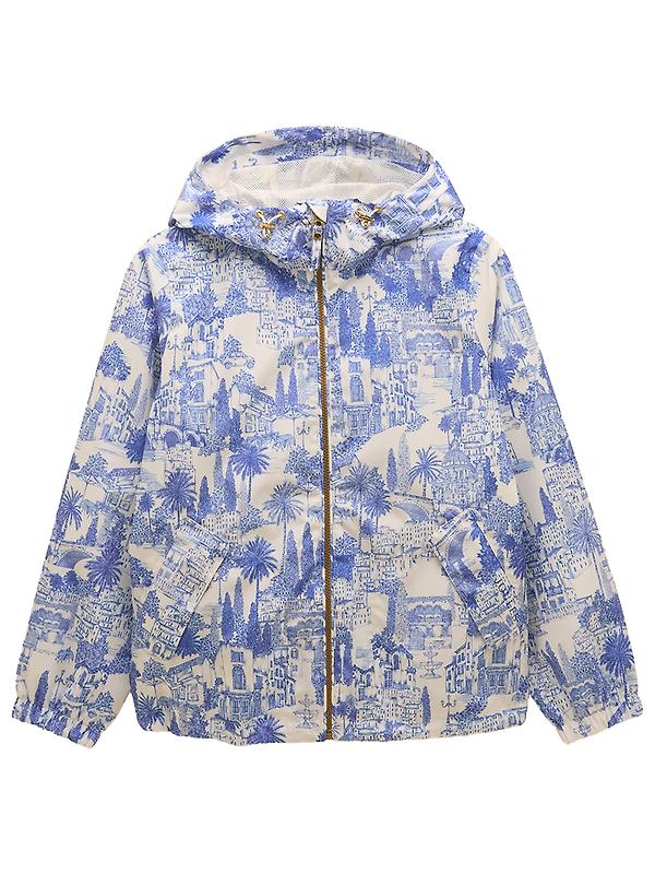 Joules Women's Rainly Waterproof Packable Raincoat with Hood - Cream & Blue Image 1