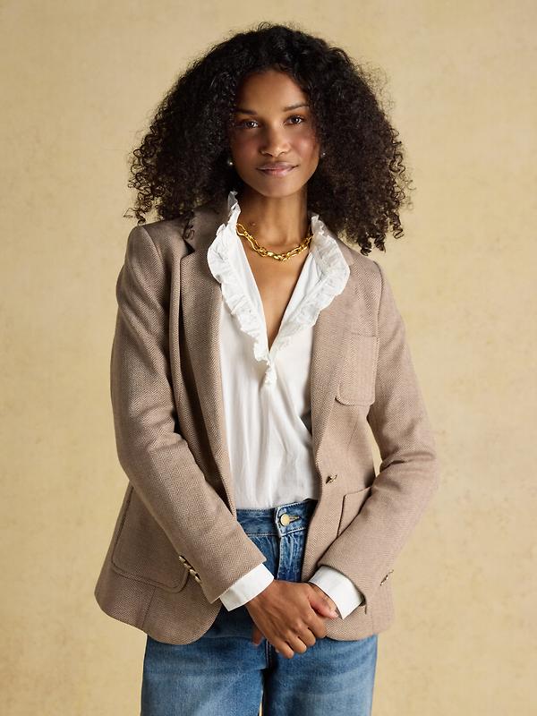 Joules Women's Albury Herringbone Jersey Tweed Blazer - Tan Brown Image 7