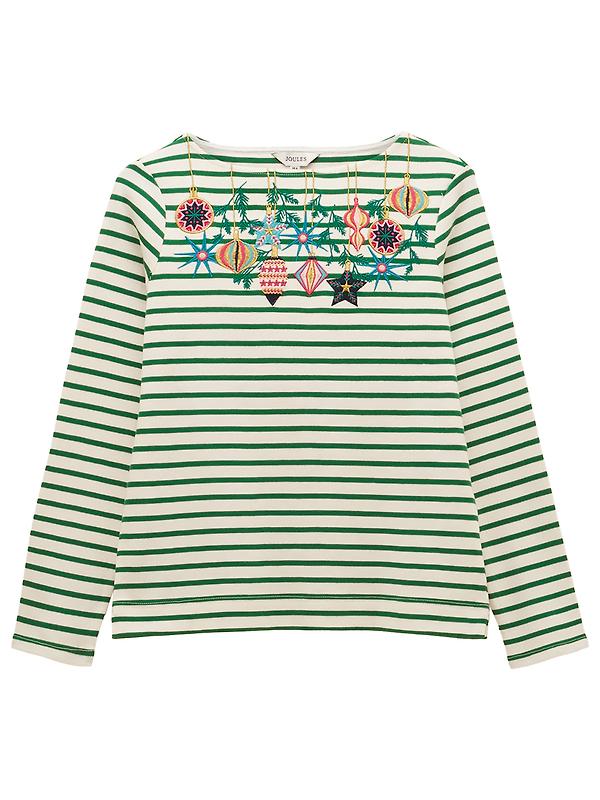 Joules Women's Christmas Harbour Boat Neck Breton Top - Green/White Bauble Image 1
