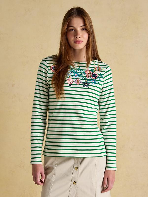 Joules Women's Christmas Harbour Boat Neck Breton Top - Green/White Bauble Image 2