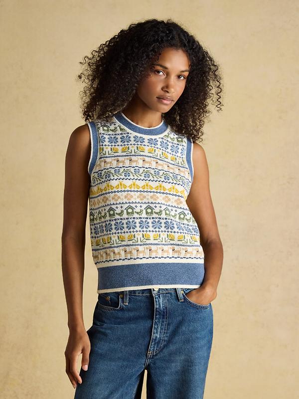 Joules Women's Birds & Bees Knitted Crew Neck Vest - Cream/Blue Image 2
