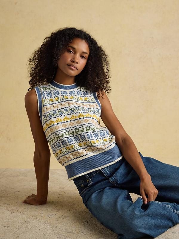 Joules Women's Birds & Bees Knitted Crew Neck Vest - Cream/Blue Image 6