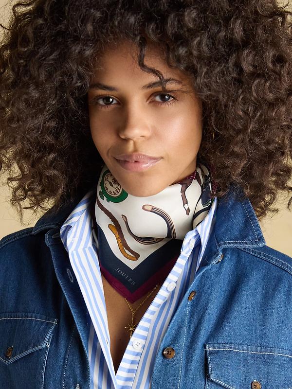 Joules Women's Elsie Square 100% Silk Scarf - Cream Navy Equestrian Image 2