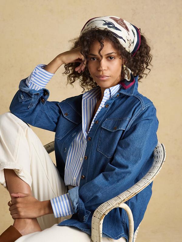 Joules Women's Elsie Square 100% Silk Scarf - Cream Navy Equestrian Image 4