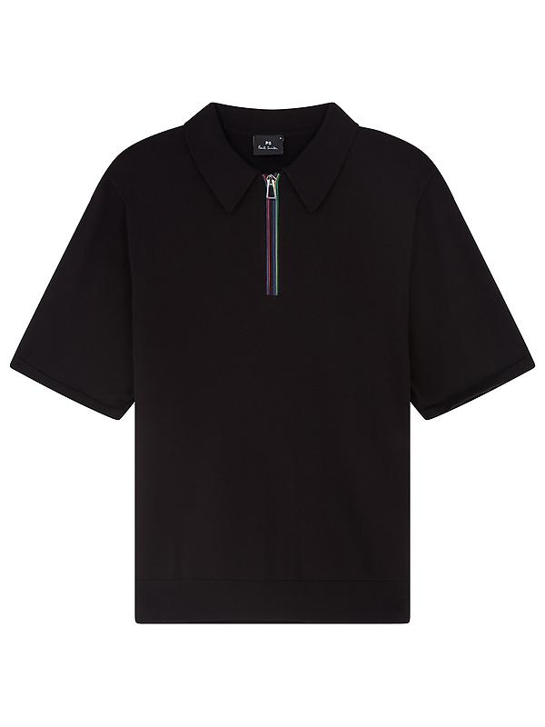 Product image of PS By Paul Smith Men's 'Sports Stripe' Zip Knitted Cotton Polo Shirt - Black