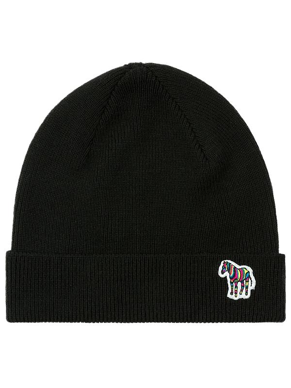 Product image of Paul Smith Men's Zebra Logo Ribbed Lambswool Beanie Hat - Black