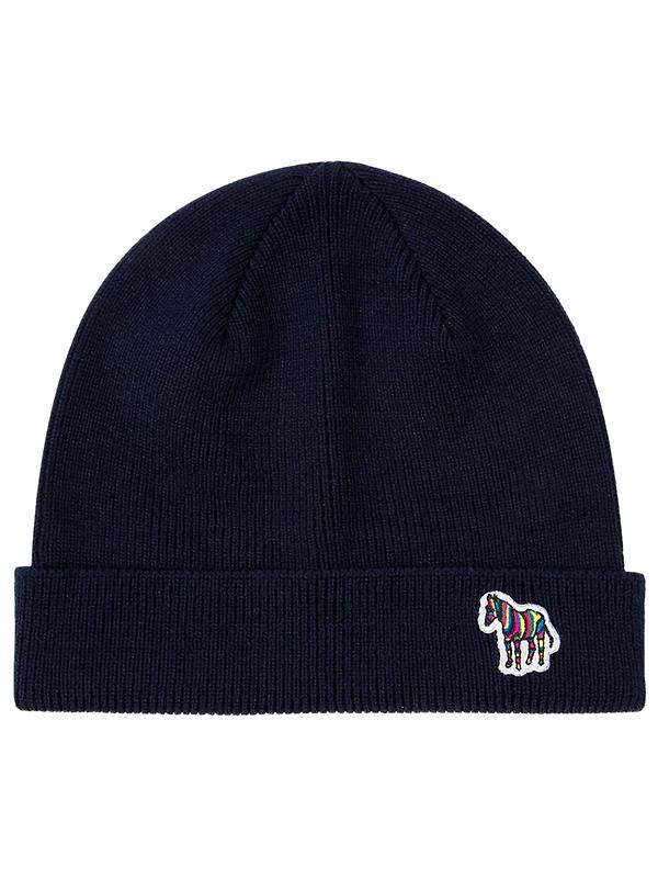 Product image of Paul Smith Men's Zebra Logo Ribbed Lambswool Beanie Hat - Navy