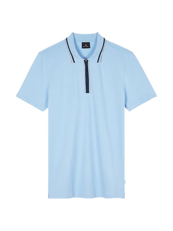 Paul Smith Men's Zip-Neck Polo Shirt With Contrast Tipping - Light Blue Product Image