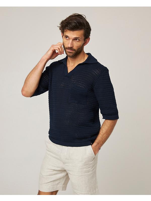 Peregrine Men's Island Crochet Polo Shirt - Navy Image 2