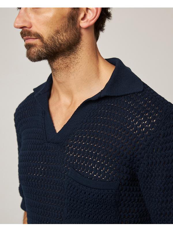 Peregrine Men's Island Crochet Polo Shirt - Navy Image 4