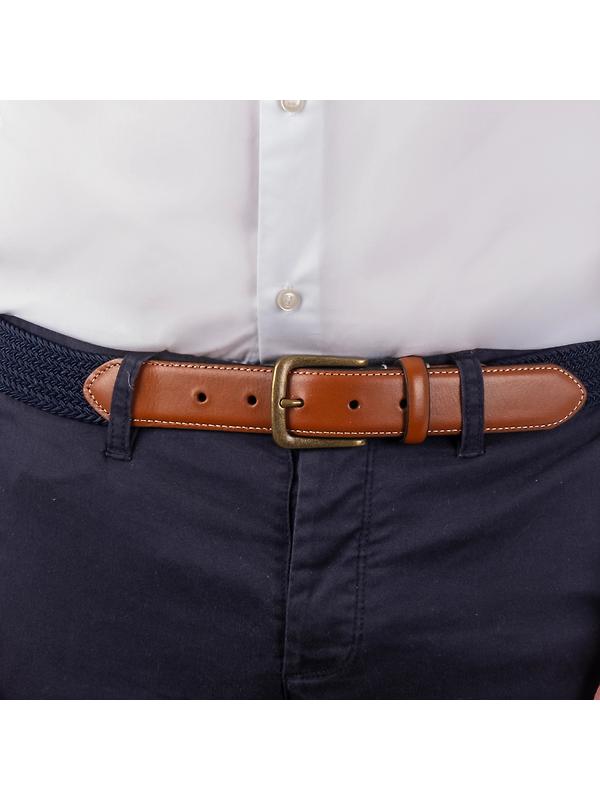 Dents Men's Woven Stretch Belt with Antique Brushed Gold Buckle - Navy Image 2