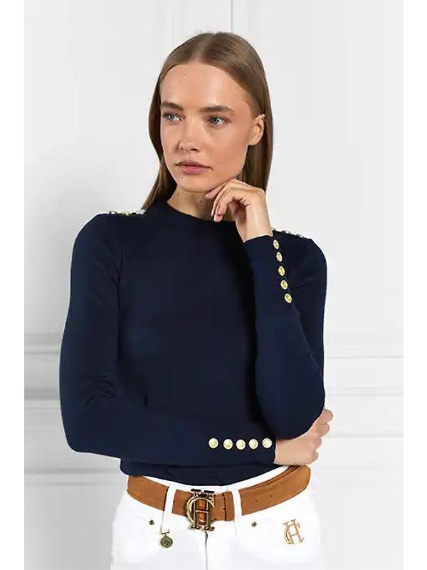 Holland Cooper Women's Buttoned Knit Crew Neck - Ink Navy Image 6