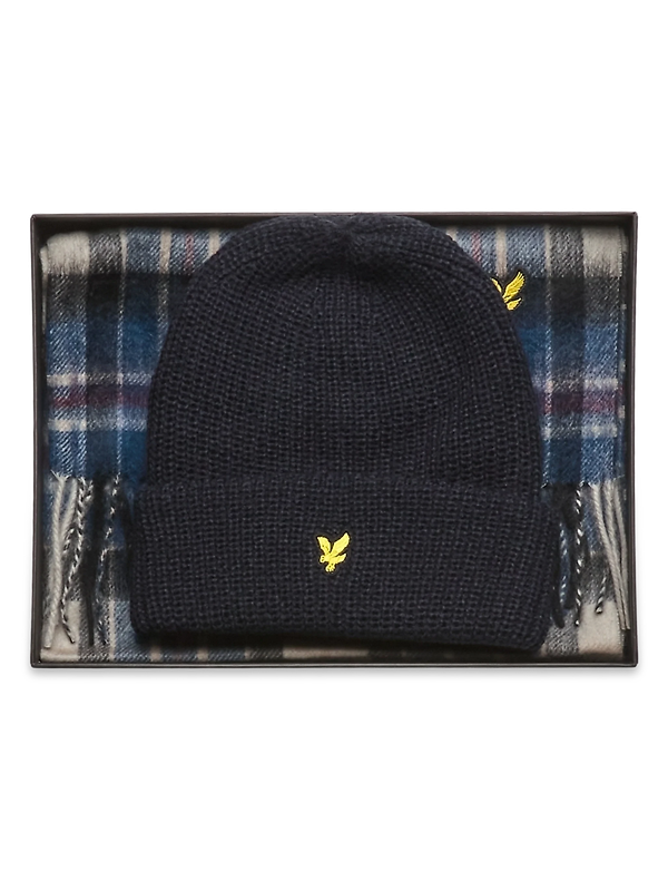 Product image of Lyle & Scott Men's Lambswool Blend Checked Scarf & Beanie Gift Set - Dark Navy