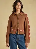 Thumbnail 2 of Joules Women's Embroidered Cowboy Cotton Blend Knitted Cardigan - Tan Brown