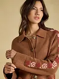 Thumbnail 4 of Joules Women's Embroidered Cowboy Cotton Blend Knitted Cardigan - Tan Brown