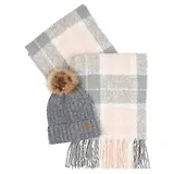 Thumbnail 1 of Barbour Women's Saltburn Beanie & Tartan Scarf Gift Set - Grey Rose
