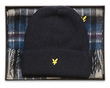 Thumbnail 1 of Lyle & Scott Men's Lambswool Blend Checked Scarf & Beanie Gift Set - Dark Navy